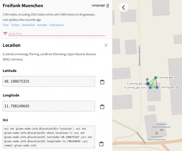 Bild: Bildschirmhardcopy der Freifunkkarte mit ausgewählten Geo-Koordinaten