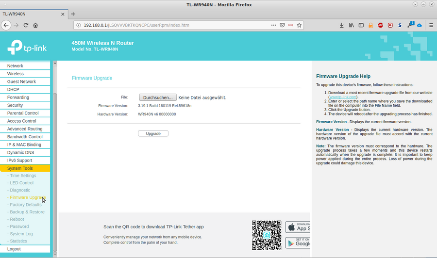 Bild: Original Web-GUI zur Verwaltung eines TP-Link-Routers nach erfolgreicher Anmeldung