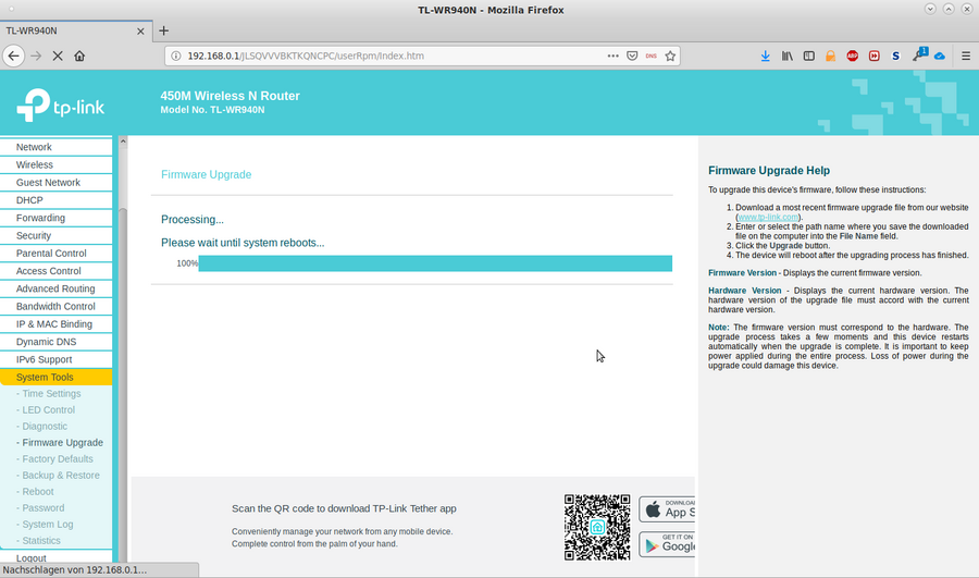 Bild: Original Web-GUI zur Verwaltung eines TP-Link-Routers Hinweis zum Neustart nach einem Firmware-Update