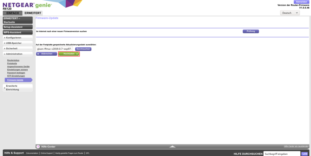 Bild: Screenshoot der WEB-UI der Routerkonfiguration Netgear 6120 