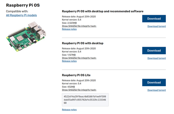 Bild: Bildschirmhardcopy der Seite www.raspberrypi.org/software/operating-systems (Stand: 16.12.2020)